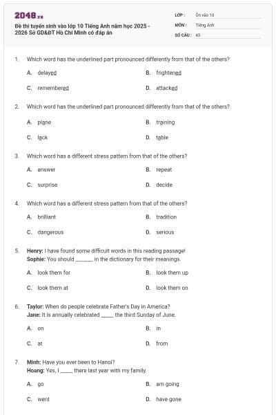 Đề thi tuyển sinh vào lớp 10 Tiếng Anh năm học 2025 - 2026 Sở GD&ĐT Hồ Chí Minh có đáp án
