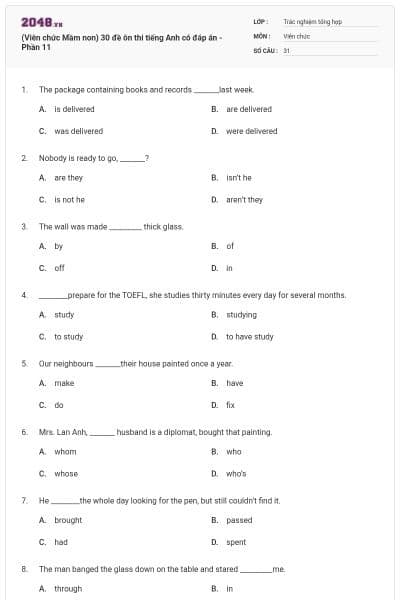 (Viên chức Mầm non) 30 đề ôn thi tiếng Anh có đáp án - Phần 11