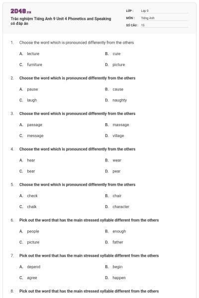 Trắc nghiệm Tiếng Anh 9 Unit 4 Phonetics and Speaking có đáp án