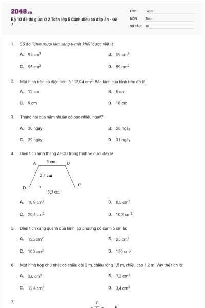Bộ 10 đề thi giữa kì 2 Toán lớp 5 Cánh diều có đáp án - Đề 7