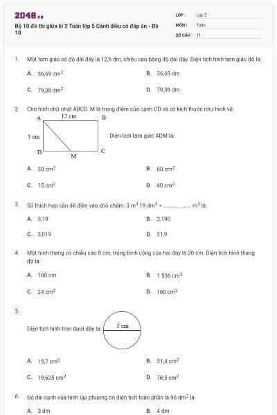 Bộ 10 đề thi giữa kì 2 Toán lớp 5 Cánh diều có đáp án - Đề 10
