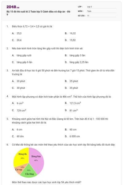 Bộ 15 đề thi cuối kì 2 Toán lớp 5 Cánh diều có đáp án - Đề 9