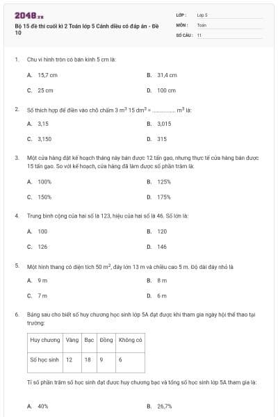 Bộ 15 đề thi cuối kì 2 Toán lớp 5 Cánh diều có đáp án - Đề 10