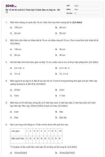 Bộ 15 đề thi cuối kì 2 Toán lớp 5 Cánh diều có đáp án - Đề 11