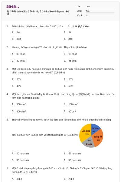 Bộ 15 đề thi cuối kì 2 Toán lớp 5 Cánh diều có đáp án - Đề 12