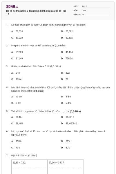Bộ 15 đề thi cuối kì 2 Toán lớp 5 Cánh diều có đáp án - Đề 13