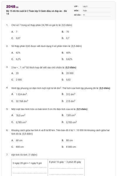 Bộ 15 đề thi cuối kì 2 Toán lớp 5 Cánh diều có đáp án - Đề 14