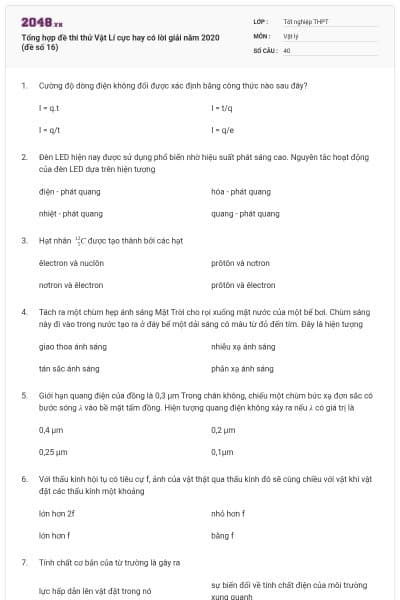 Tổng hợp đề thi thử Vật Lí cực hay có lời giải năm 2020 (đề số 16)