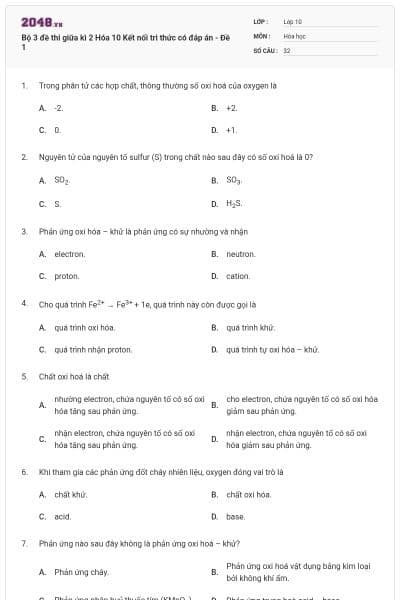 Bộ 3 đề thi giữa kì 2 Hóa 10 Kết nối tri thức có đáp án - Đề 1