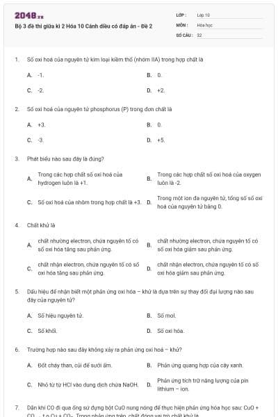 Bộ 3 đề thi giữa kì 2 Hóa 10 Cánh diều có đáp án - Đề 2
