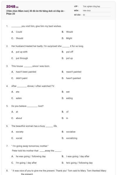 (Viên chức Mầm non) 30 đề ôn thi tiếng Anh có đáp án - Phần 20