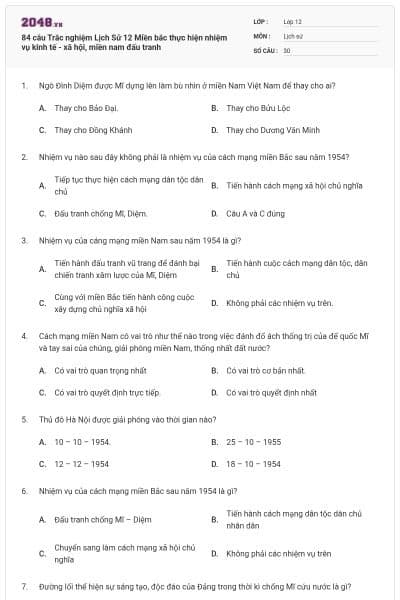 84 câu Trắc nghiệm Lịch Sử 12 Miền bắc thực hiện nhiệm vụ kinh tế - xã hội, miền nam đấu tranh