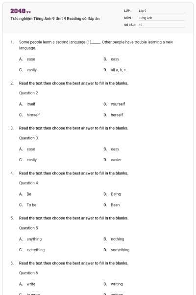 Trắc nghiệm Tiếng Anh 9 Unit 4 Reading có đáp án