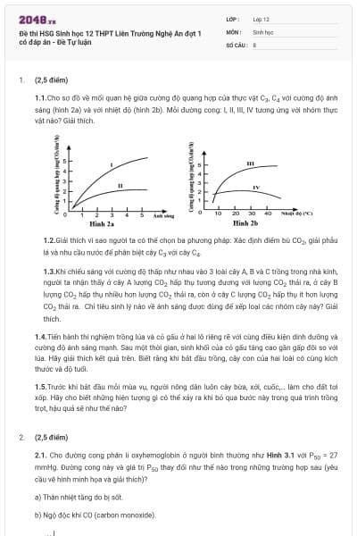 Đề thi HSG Sinh học 12 THPT Liên Trường Nghệ An đợt 1 có đáp án - Đề Tự luận