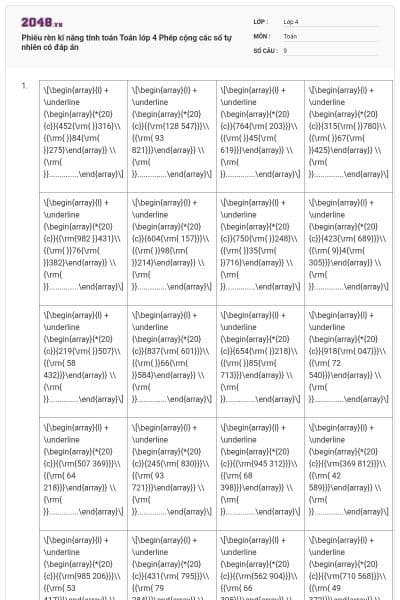 Phiếu rèn kĩ năng tính toán Toán lớp 4 Phép cộng các số tự nhiên có đáp án