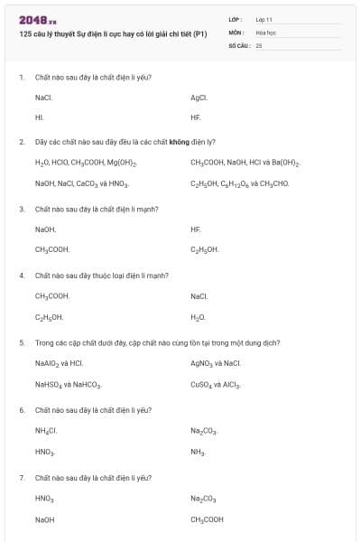 125 câu lý thuyết Sự điện li cực hay có lời giải chi tiết (P1)