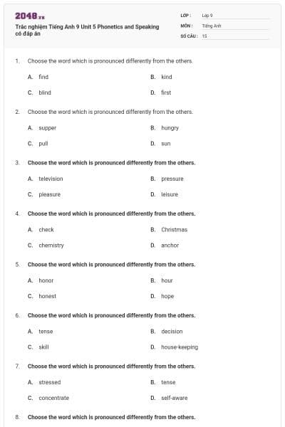 Trắc nghiệm Tiếng Anh 9 Unit 5 Phonetics and Speaking có đáp án