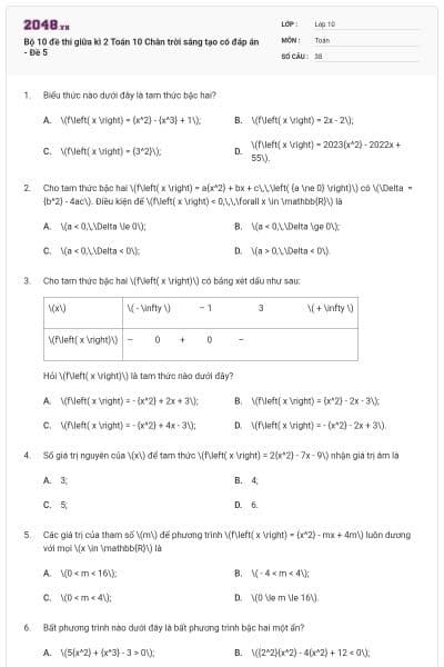 Bộ 10 đề thi giữa kì 2 Toán 10 Chân trời sáng tạo có đáp án - Đề 5