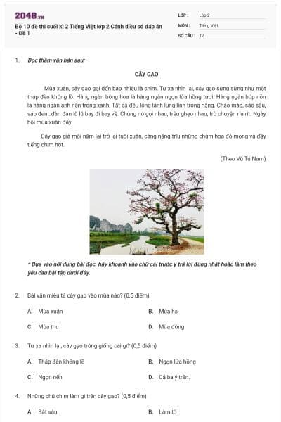 Bộ 10 đề thi cuối kì 2 Tiếng Việt lớp 2 Cánh diều có đáp án - Đề 1