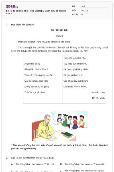 Bộ 10 đề thi cuối kì 2 Tiếng Việt lớp 2 Cánh diều có đáp án - Đề 4