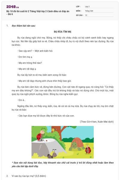 Bộ 10 đề thi cuối kì 2 Tiếng Việt lớp 2 Cánh diều có đáp án - Đề 6