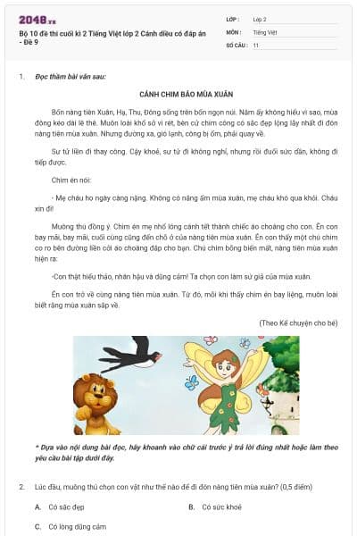 Bộ 10 đề thi cuối kì 2 Tiếng Việt lớp 2 Cánh diều có đáp án - Đề 9