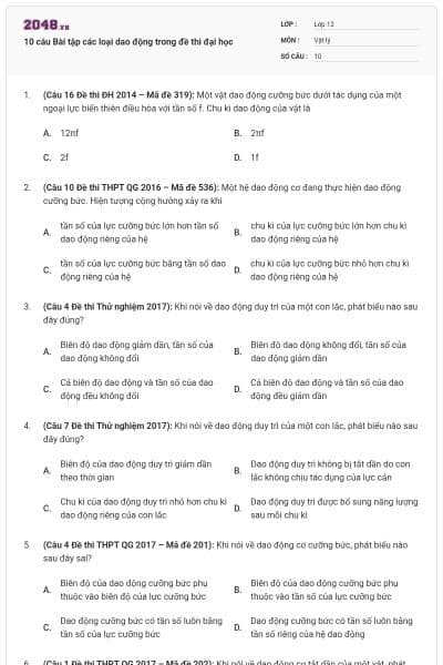 10 câu Bài tập các loại dao động trong đề thi đại học