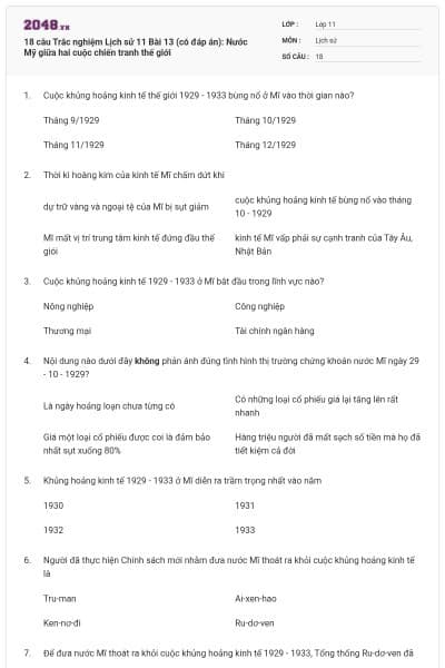18 câu Trắc nghiệm Lịch sử 11 Bài 13 (có đáp án): Nước Mỹ giữa hai cuộc chiến tranh thế giới