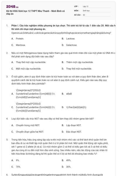 Đề thi HSG Sinh học 12 THPT Như Thanh - Ninh Bình có đáp án