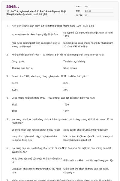 16 câu Trắc nghiệm Lịch sử 11 Bài 14 (có đáp án): Nhật Bản giữa hai cuộc chiến tranh thế giới
