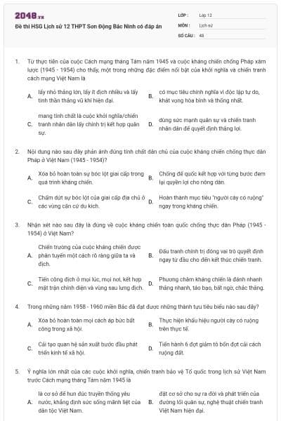 Đề thi HSG Lịch sử 12 THPT Sơn Động Bắc Ninh có đáp án