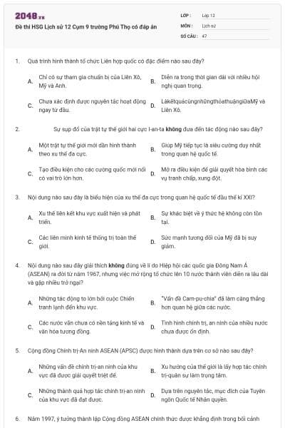 Đề thi HSG Lịch sử 12 Cụm 9 trường Phú Thọ có đáp án