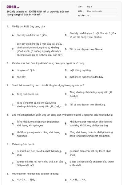 Bộ 2 đề thi giữa kì 1 KHTN 8 Kết nối tri thức cấu trúc mới (song song) có đáp án - Đề số 1