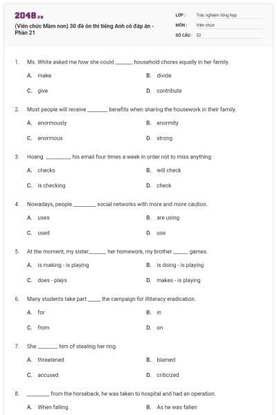 (Viên chức Mầm non) 30 đề ôn thi tiếng Anh có đáp án - Phần 21