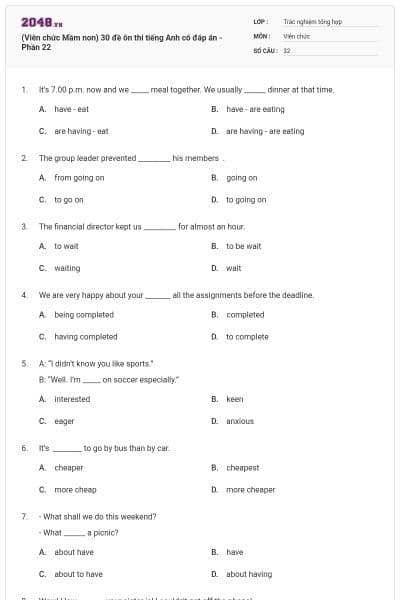 (Viên chức Mầm non) 30 đề ôn thi tiếng Anh có đáp án - Phần 22