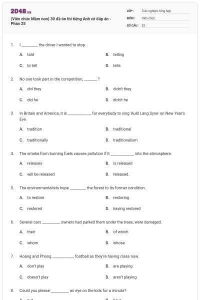 (Viên chức Mầm non) 30 đề ôn thi tiếng Anh có đáp án - Phần 25