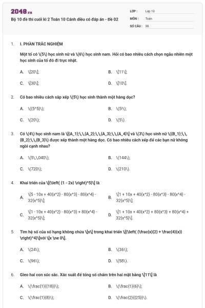 Bộ 10 đề thi cuối kì 2 Toán 10 Cánh diều có đáp án - Đề 02