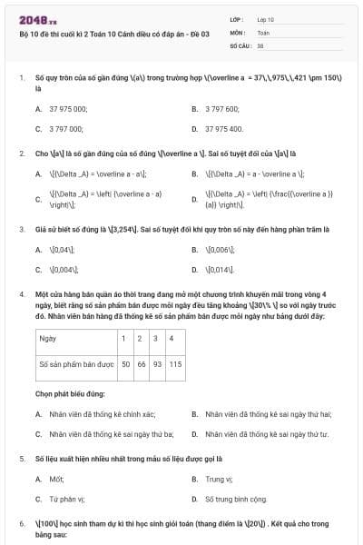 Bộ 10 đề thi cuối kì 2 Toán 10 Cánh diều có đáp án - Đề 03