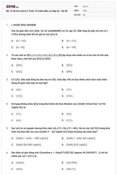 Bộ 10 đề thi cuối kì 2 Toán 10 Cánh diều có đáp án - Đề 05