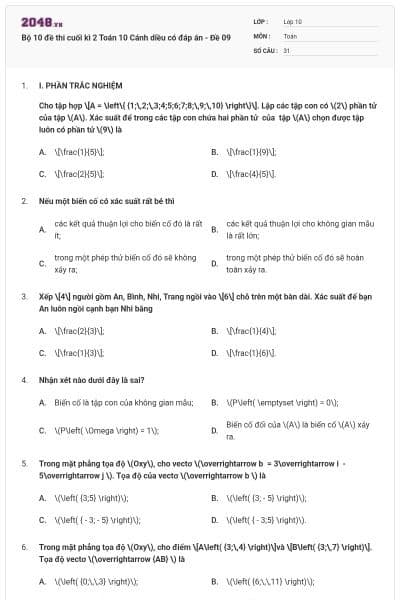 Bộ 10 đề thi cuối kì 2 Toán 10 Cánh diều có đáp án - Đề 09