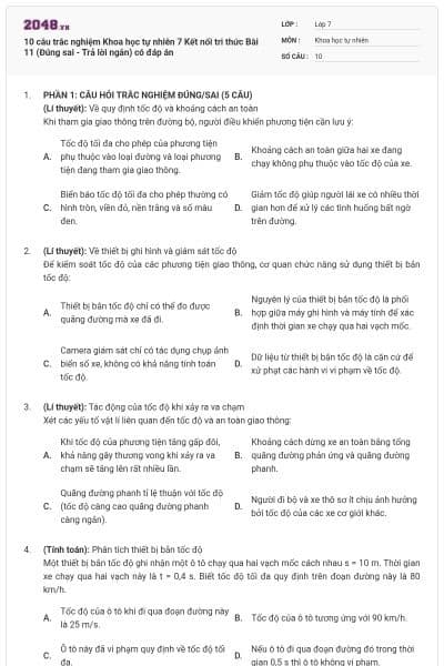 10 câu trắc nghiệm Khoa học tự nhiên 7 Kết nối tri thức Bài 11 (Đúng sai - Trả lời ngắn) có đáp án