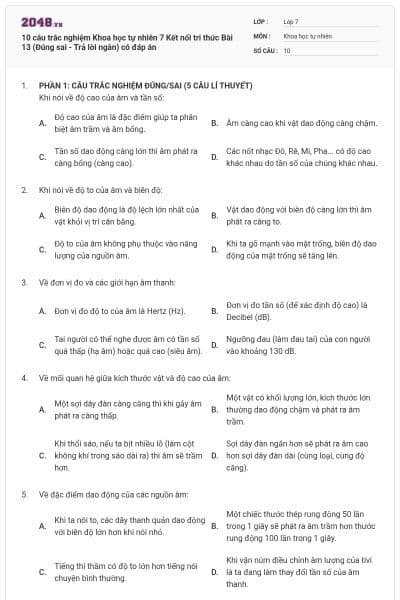 10 câu trắc nghiệm Khoa học tự nhiên 7 Kết nối tri thức Bài 13 (Đúng sai - Trả lời ngắn) có đáp án