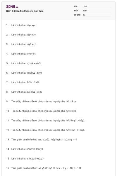 Bài 10: Chia đơn thức cho đơn thức