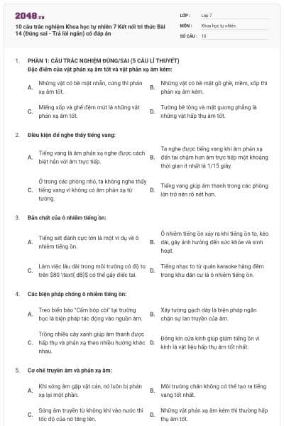 10 câu trắc nghiệm Khoa học tự nhiên 7 Kết nối tri thức Bài 14 (Đúng sai - Trả lời ngắn) có đáp án