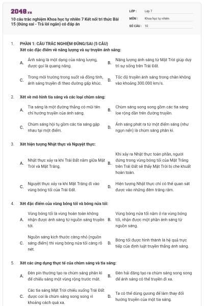 10 câu trắc nghiệm Khoa học tự nhiên 7 Kết nối tri thức Bài 15 (Đúng sai - Trả lời ngắn) có đáp án