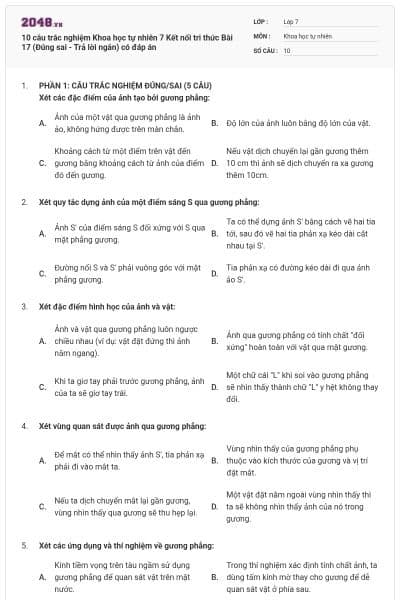 10 câu trắc nghiệm Khoa học tự nhiên 7 Kết nối tri thức Bài 17 (Đúng sai - Trả lời ngắn) có đáp án
