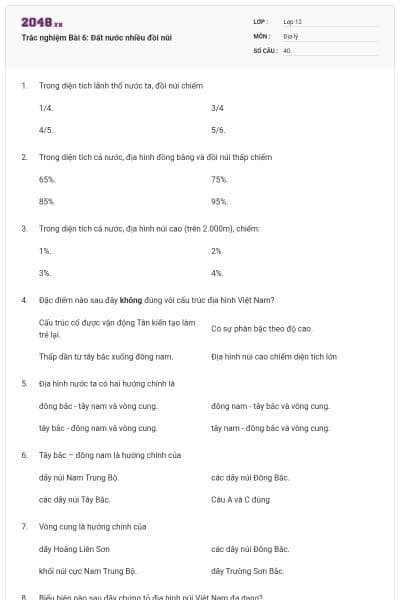 Trắc nghiệm Bài 6: Đất nước nhiều đồi núi