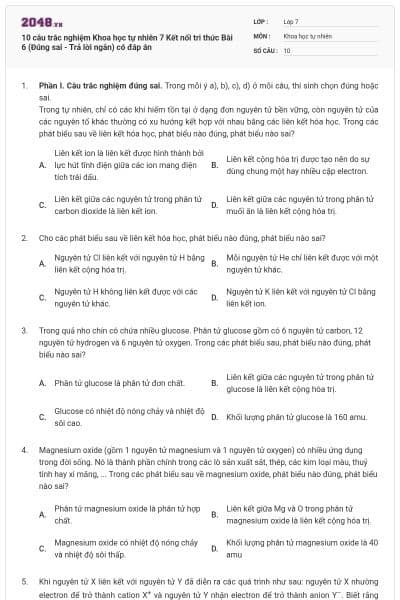 10 câu trắc nghiệm Khoa học tự nhiên 7 Kết nối tri thức Bài 6 (Đúng sai - Trả lời ngắn) có đáp án