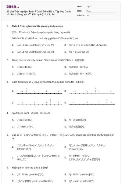 20 câu Trắc nghiệm Toán 7 Cánh Diều Bài 1. Tập hợp Q các số hữu tỉ (Đúng sai - Trả lời ngắn) có đáp án