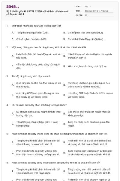 Bộ 7 đề thi giữa kì 1 KTPL 12 Kết nối tri thức cấu trúc mới có đáp án - Đề 4